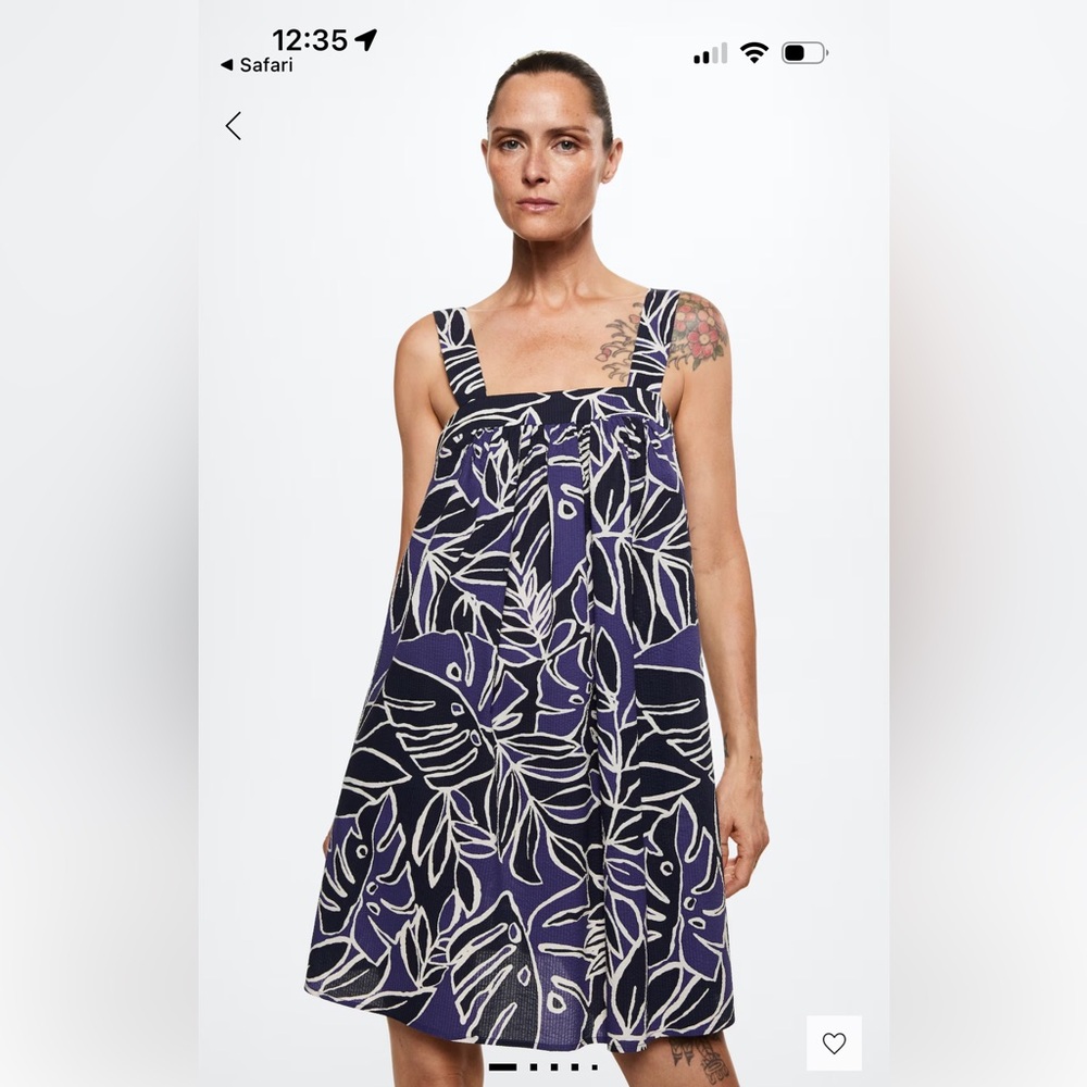 Mango Blue and White Leaf Pattern Tank Dress